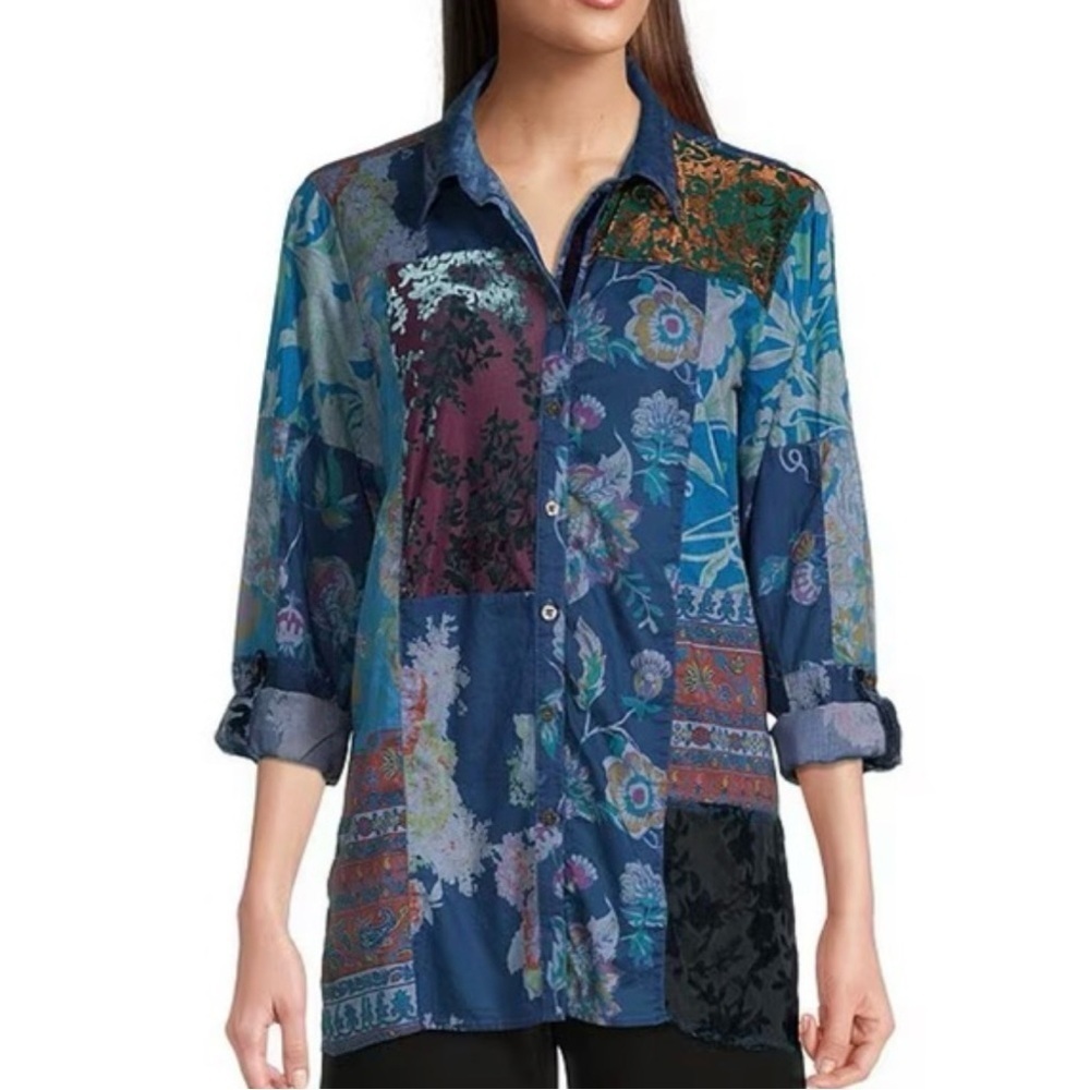 John Mark Button Down Patchwork Shirt Blue Art To Wear Mixed Media Velvet Sz L